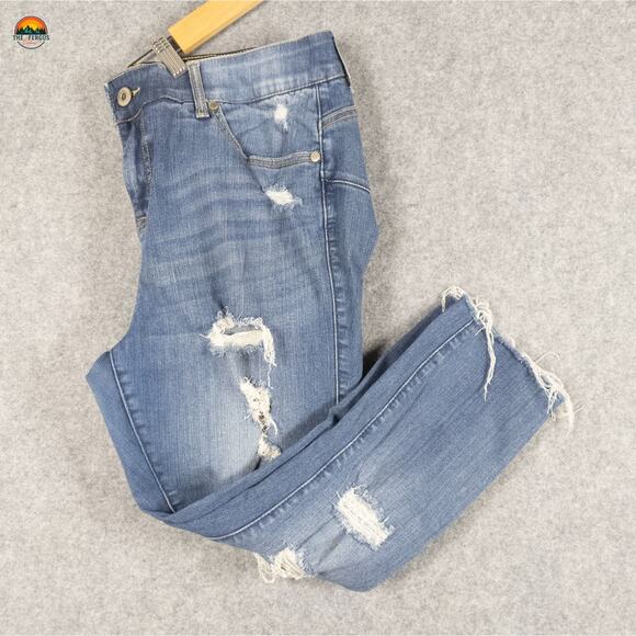 Torrid Bombshell Skinny Jeans Blue Distressed Fringe Denim Women's Plus Size 14S - Picture 1 of 13